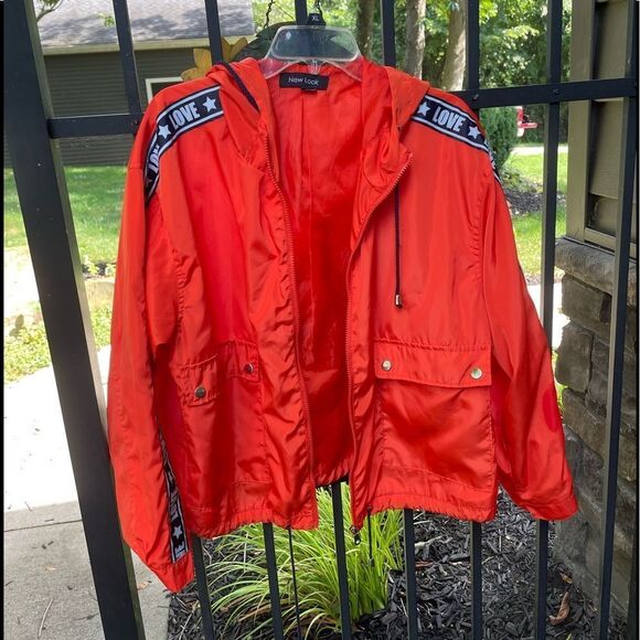 New Look Jackets & Blazers - NEW LOOK orange hooded windbreaker with navy “LOVE” detail